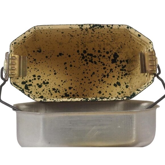 Antique French Lunchbox Granite Enamel Ware Yellow White Green Speckled 3 Pc Set - Picture 8 of 10